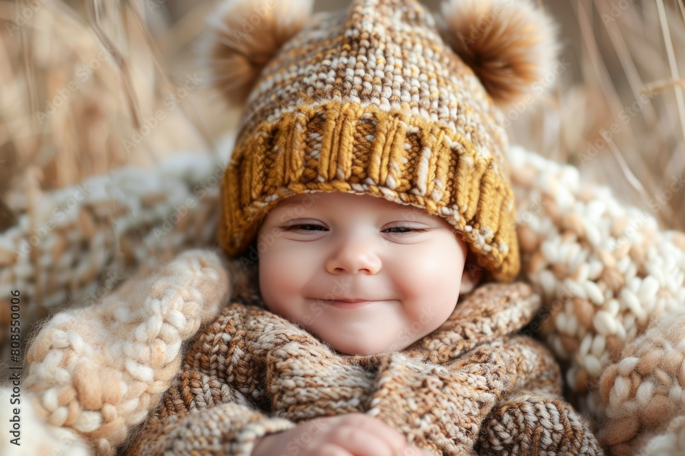 Beautiful Baby Wrapped in Cozy Knit Blanket Surrounded by White Blossoms Beautiful Baby Wrapped in Cozy Knit Blanket Surrounded by White Blossoms