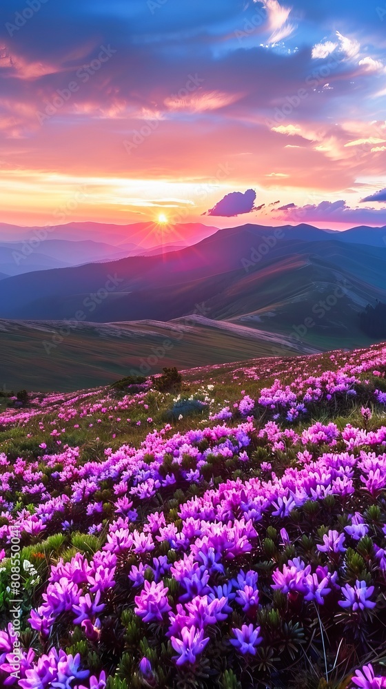 Obraz premium Sunset Over a Blooming Purple Mountain Meadow During Springtime