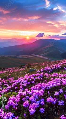 Sunset Over a Blooming Purple Mountain Meadow During Springtime