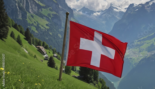 Swiss flag and mountain range on a sunny summer day with blue sky and clouds. Confederation Day is a national holiday in Switzerland
