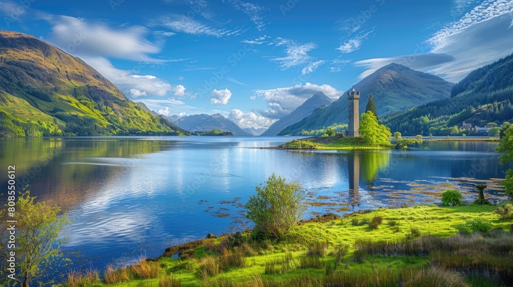 Shield in Spring: Monument and Loch Shiel Lake Landscape 