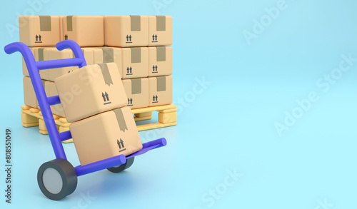 Blue trolley with parcel box. 3d render logistic and delivery icon concept and copy space on blue background