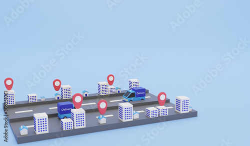 Delivery is on the way, 3d render logistic and delivery icon concept and copy space on blue background