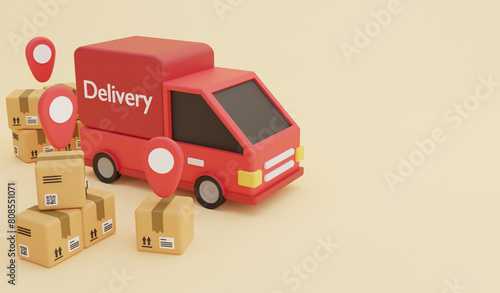 Delivery van is preparing for delivery, 3d render logistic and delivery icon concept and copy space on orange background