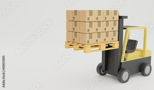 Parcels on pallet carry by forklift. 3d render logistic and delivery icon concept and copy space on white background