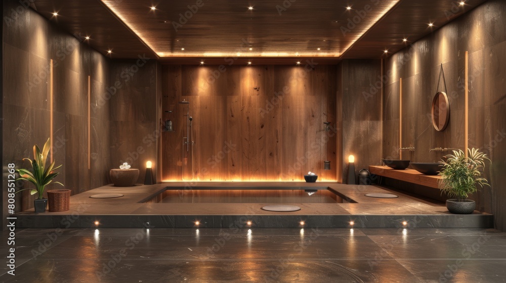 High-resolution 3D image of a sleek, modern bathroom reflecting Bauhaus design, featuring wooden elements and metal details, with spotlights creating a dramatic ambiance. High-resolution 3D image of a sleek, modern bathroom reflecting Bauhaus design, featuring wooden elements and metal details, with spotlights creating a dramatic ambiance.