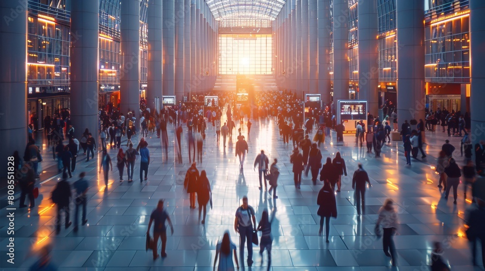 An expo hall teeming with activity and attendees, evoking the atmosphere of a bustling business conference. Generative AI. An expo hall teeming with activity and attendees, evoking the atmosphere of a bustling business conference. Generative AI.