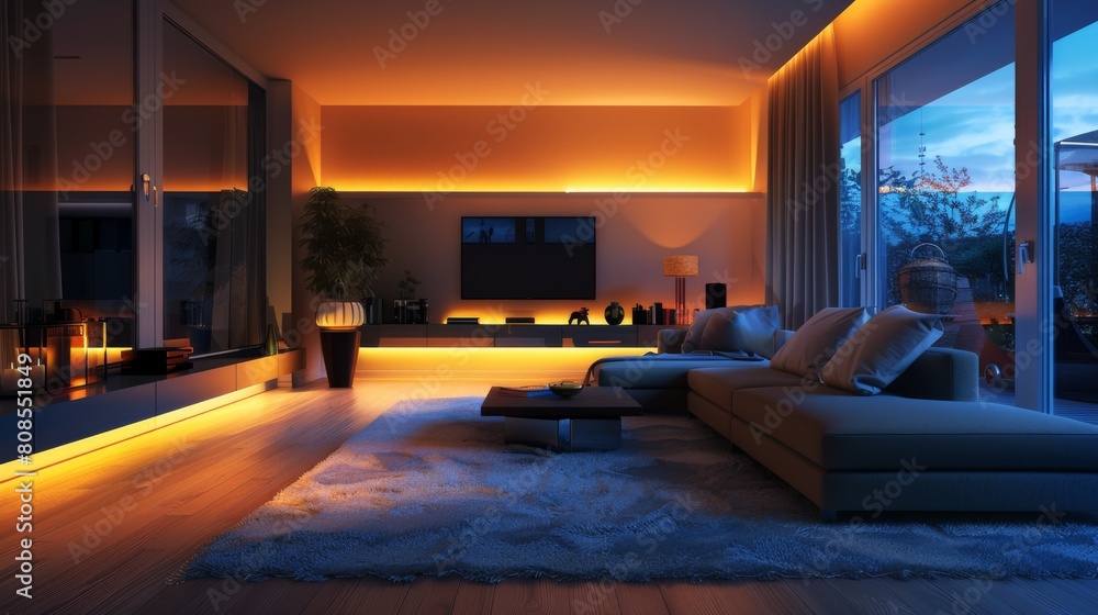 High-resolution 3D image of a minimalist living room with a sophisticated mood, indirect lighting accentuating sleek, functional furniture. High-resolution 3D image of a minimalist living room with a sophisticated mood, indirect lighting accentuating sleek, functional furniture.