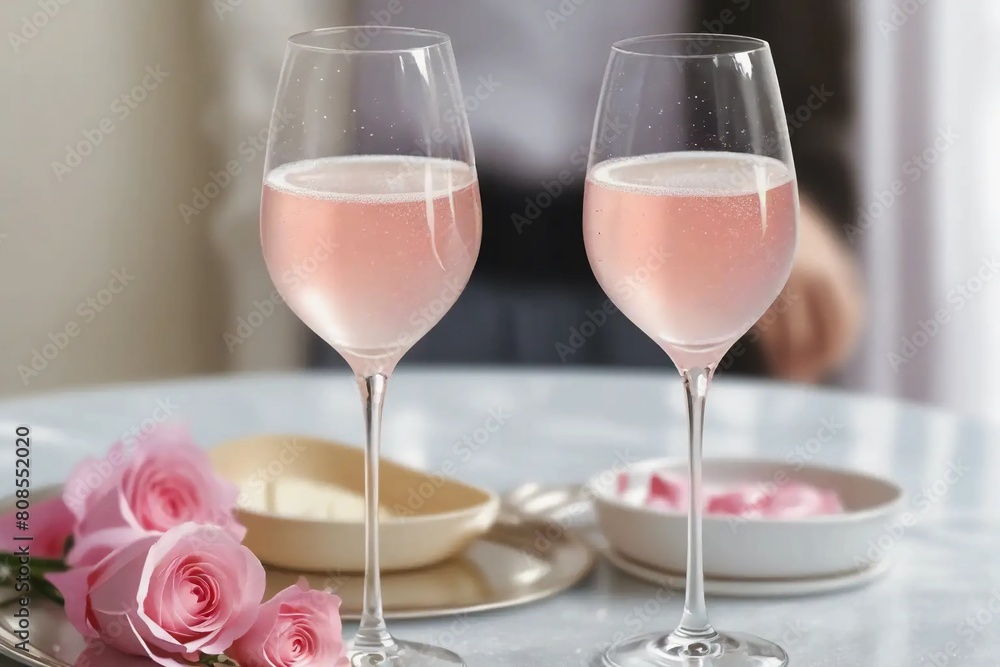 Elegant Celebration: Glasses of Pink and White Champagne on Silver Tray Elegant Celebration: Glasses of Pink and White Champagne on Silver Tray