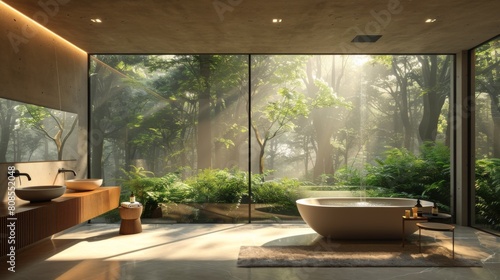 High-resolution 3D image of a minimalist bathroom with a wall-to-wall window displaying a stunning forest view  enhanced by subtle  natural lighting.