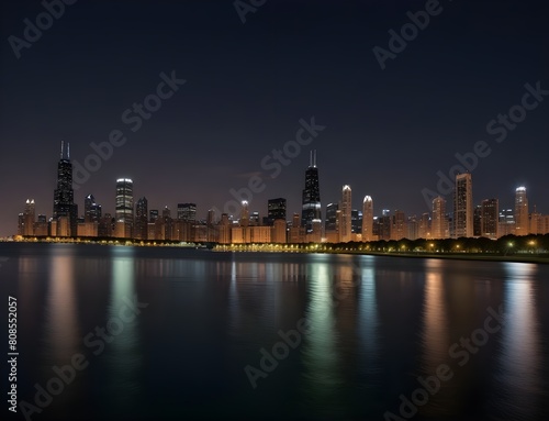 View of Chicago skyline and lake by night