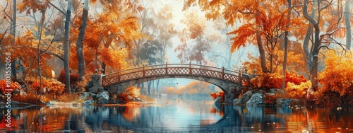 Autumn nature landscape. Lake bridge in fall forest © RafliFadila