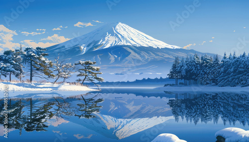 A mountain range is reflected in the water of a lake by AI generated image photo