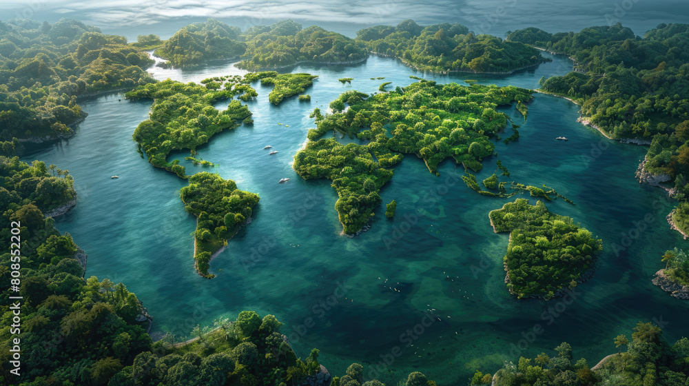 Aerial view of an emerald green lake surrounded by dense forest. Created with Ai