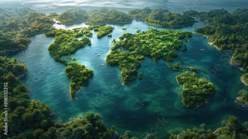 Aerial view of an emerald green lake surrounded by dense forest. Created with Ai © zee