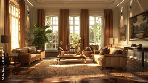 High-resolution 3D image of a living room reflecting a fusion style, blending elements from various cultures and periods for a unique look. © G.Go
