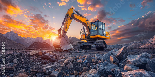A yellow excavator is driving on the rocky ground, with sunset clouds in the sky and mountains background	

