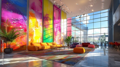 High-resolution 3D image of a creative meeting space with vibrant colors  abstract art  and floor-to-ceiling windows that flood the room with natural light.