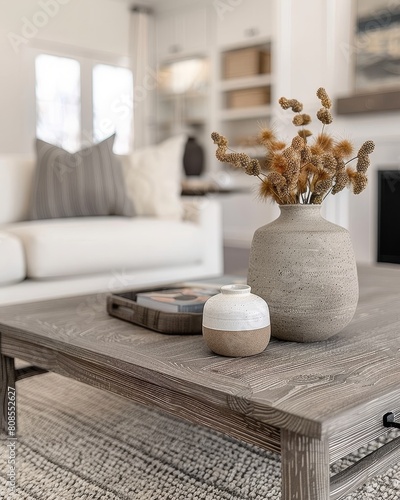 Minimalist wooden coffee table close up with clean lines, set against white sofa and armchairs photo