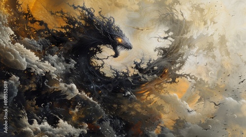 A black and orange monster with a glowing eye is swimming in a stormy sea. The stormy sea is filled with debris and the monster is surrounded by clouds. Scene is dark and ominous © Дмитрий Симаков