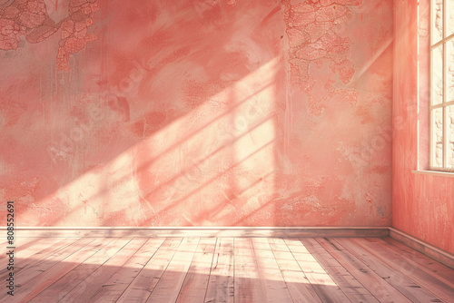 Gentle sun rays bathe a faded ochre room  creating a cozy and inviting vintage atmosphere.