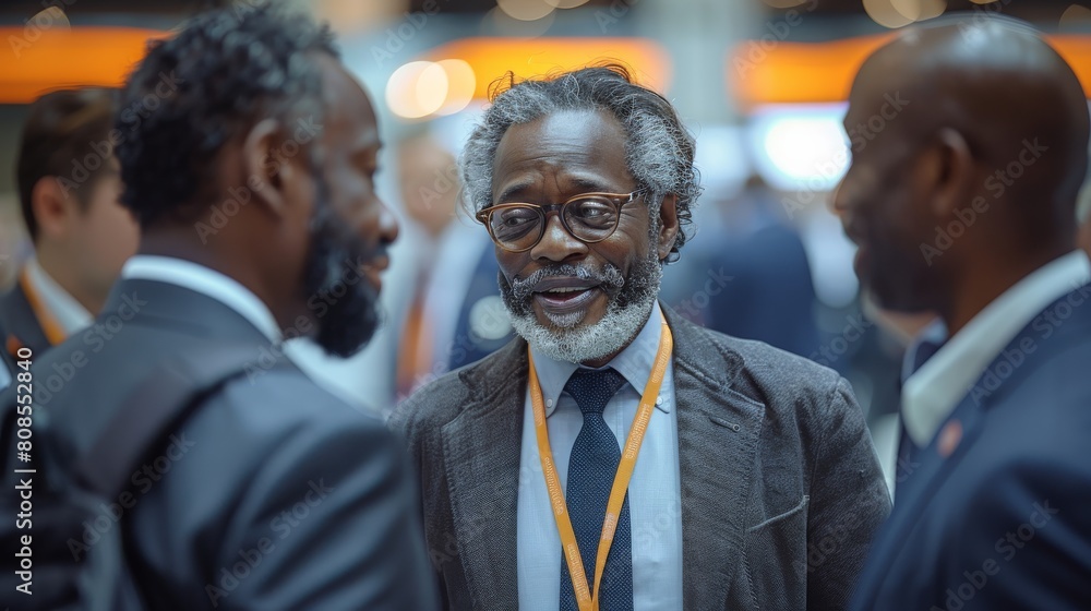 A group of working professionals, talking and hanging out at a trade conference event. The group consists of Caucasian and African American people. Generative AI. A group of working professionals, talking and hanging out at a trade conference event. The group consists of Caucasian and African American people. Generative AI.