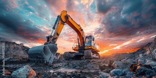 A yellow excavator is driving on the rocky ground, with sunset clouds in the sky and mountains background 