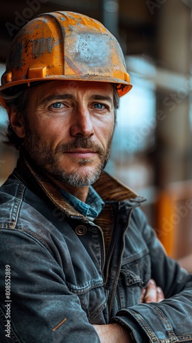 Striking close-up of a construction worker with piercing blue eyes, conveying determination