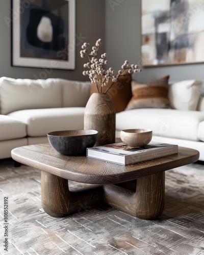 Minimalist wooden coffee table close up with white sofa and armchairs in elegant setting