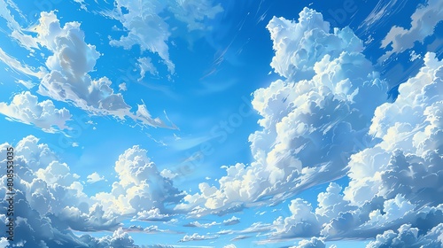 Paint a dreamy sky filled with fluffy white clouds floating lazily
