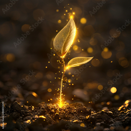 a golden seed germinating from the ground, made only by golden shiny lines.