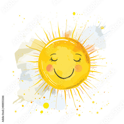 Happy cartoon sun splattered paint watercolor effect isolated white background. Smiling sun face sunbeams vibrant yellow orange hues. Childfriendly summer cheerful sunshine graphic