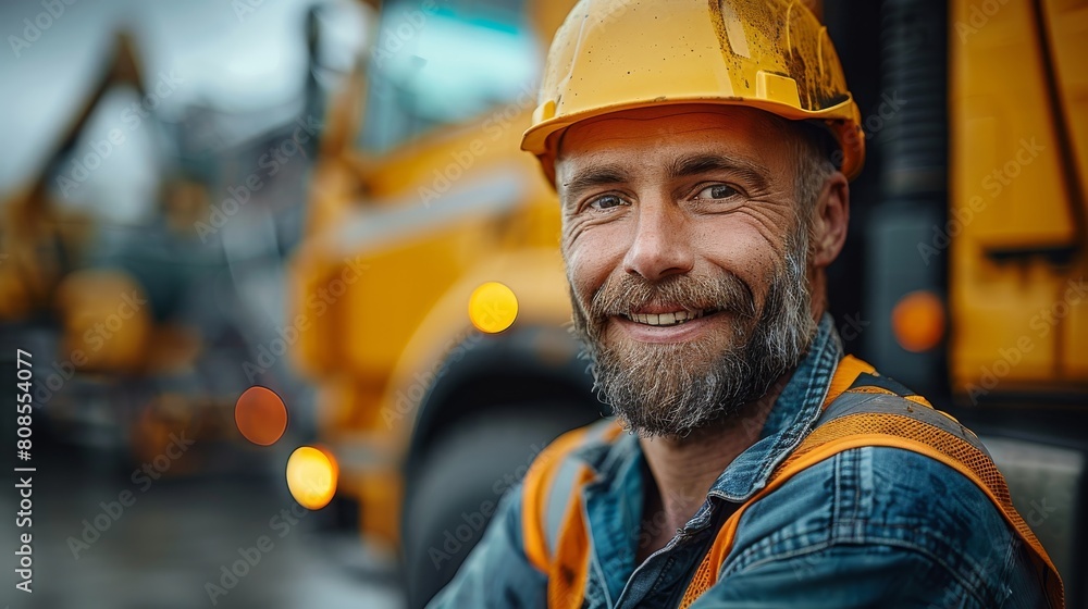 Happy engineer standing in front on his truck and looking at camera. Generative AI. Happy engineer standing in front on his truck and looking at camera. Generative AI.