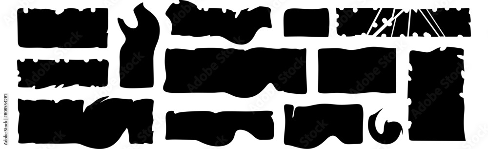 Set of jagged edge rectangle shape. Black ripped paper sheet with scratch. Grunge frame collection for sticker, collage, banner. Vector illustration isolated on white background.