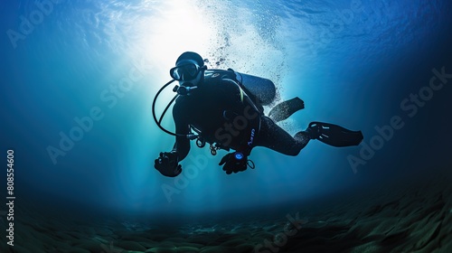 A scuba diver is examining a coral reef in a tropical sea © Fajar