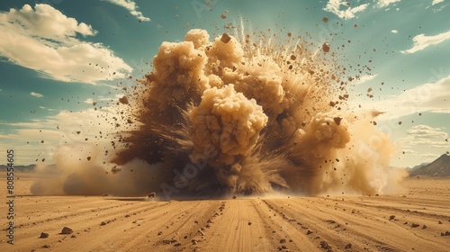 A grenade in the air in the desert which is exploding high in the air and the explosion creates a big hole in the ground. Generative AI.