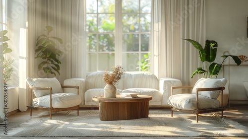 Detailed 3D illustration of a Scandinavian living room  the cubic wooden coffee table set between a white sofa and armchairs  in a crisp  clean light setting.