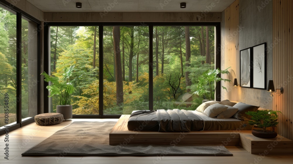 Detailed 3D illustration of a Scandinavian bedroom with a contemporary feel, the black window providing a panoramic forest view that complements the room tranquility. Detailed 3D illustration of a Scandinavian bedroom with a contemporary feel, the black window providing a panoramic forest view that complements the room tranquility.