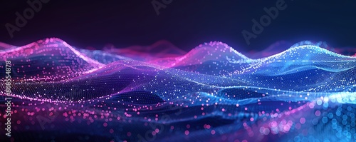 Annual tech industry report cover, digital pixel wave design, deep blues and purples, conveying data flow and connectivity photo
