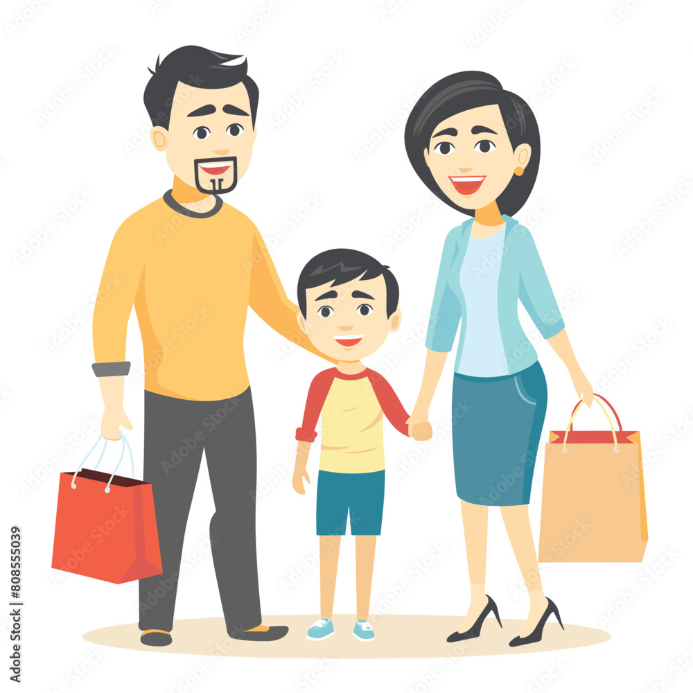 Family shopping trip, happy parents child holding hands bags. Cartoon Asian family smiling, casual attire, mall retail setting. Young boy mother father, cheerful, consumer lifestyle