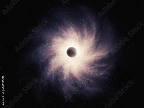 Singularity in the galactic core. Quasar with a black hole in the center. A dark star absorbs matter.