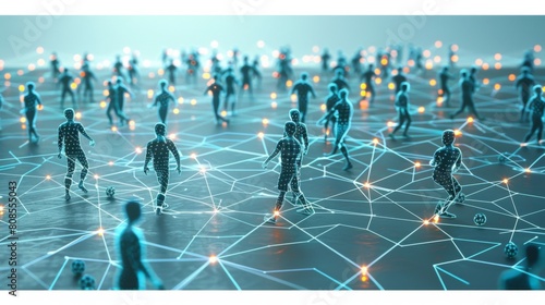 A group of people are shown in a network of lines, with some of them holding soccer balls. Concept of movement and activity, as if the people are playing a game or participating in a virtual event photo
