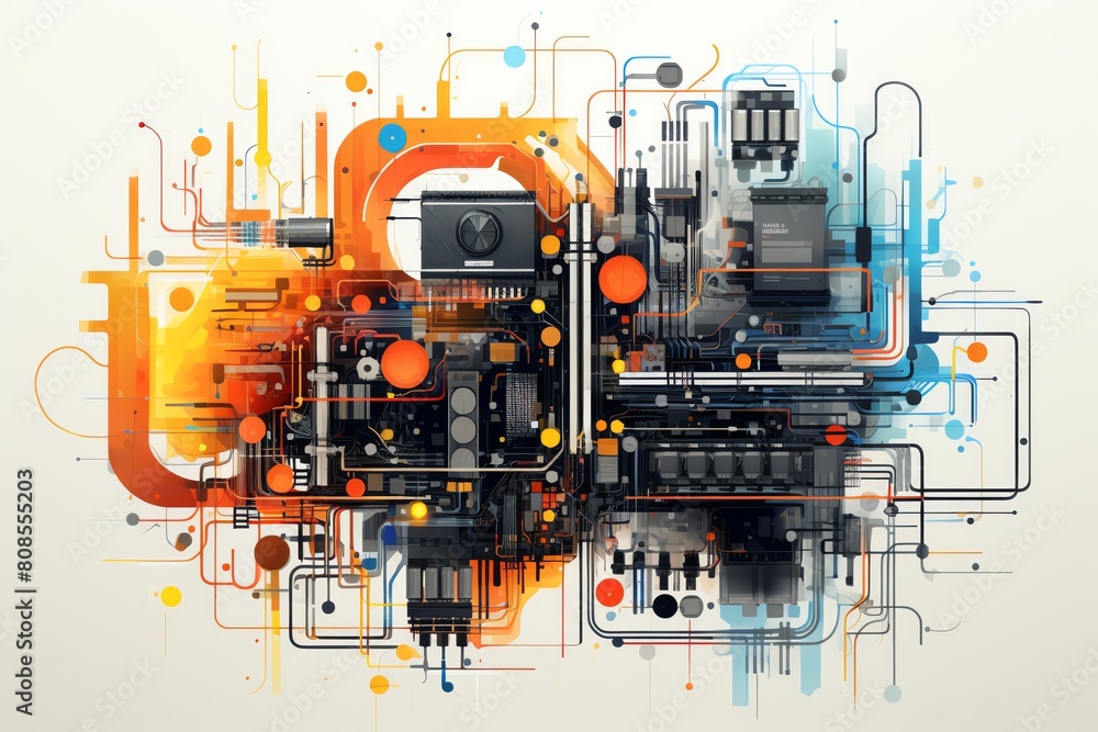 Electrical Flat Design, Front View, Circuit Board Theme, Watercolor, Analogous Color Scheme Electrical Flat Design, Front View, Circuit Board Theme, Watercolor, Analogous Color Scheme