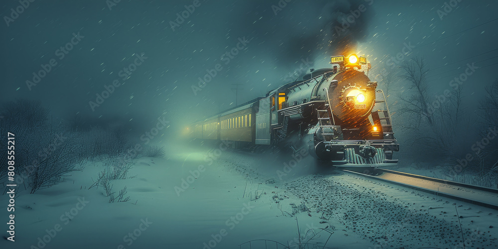 A train frozen in a blizzard, glowing in the night. Generative AI. A train frozen in a blizzard, glowing in the night. Generative AI.