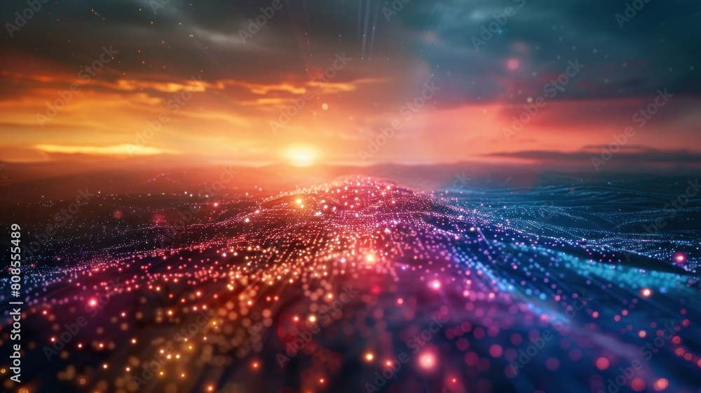 A digitally generated image of multi-colored glowing data above a landscape. A digitally generated image of multi-colored glowing data above a landscape.