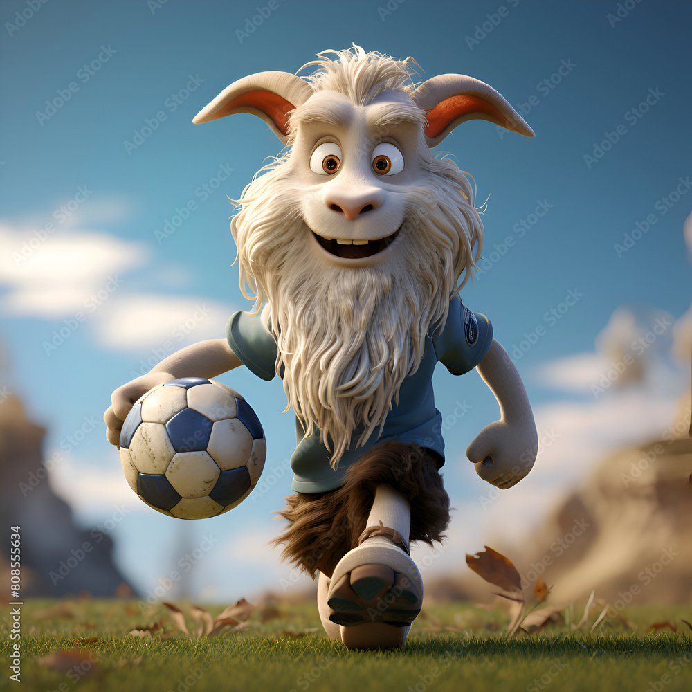 Fotografie funny cartoon goat with a soccer ball on the grass. 3d render