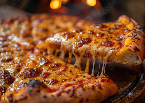 A delicious pizza with cheese and pepperoni, sitting on an old wooden table surrounded by fire lights. Created with AI