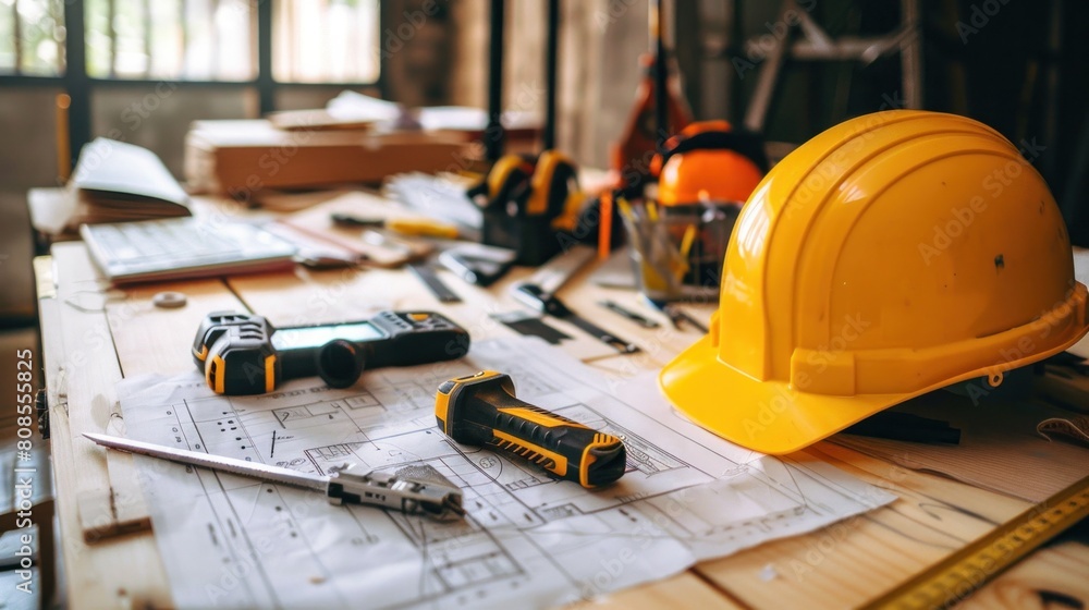 Engineer and co-worker looking at blueprints while supervising construction management Engineer and co-worker looking at blueprints while supervising construction management