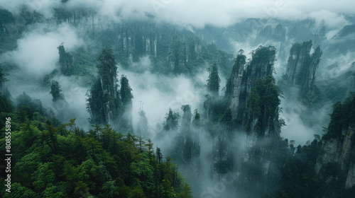 A serene lake surrounded by lush greenery and misty mountains in Zhangjiajie National Forest Park. Created with Ai