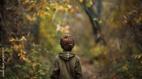 A lonely boy explores the rural forest.